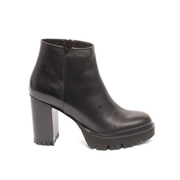 Italian Black Leather Zip-Up Ankle Heel Platform Boots - Picture 3 of 8